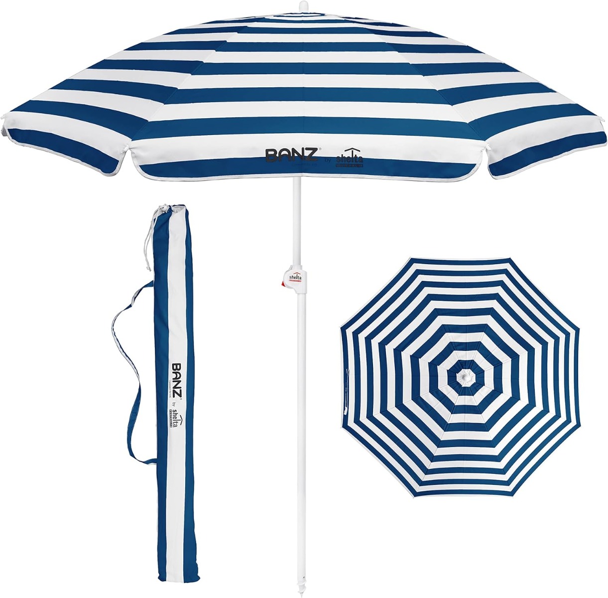Banz - UV Strand parasol - 165/200cm x 180cm - Blauw/Wit gestreept