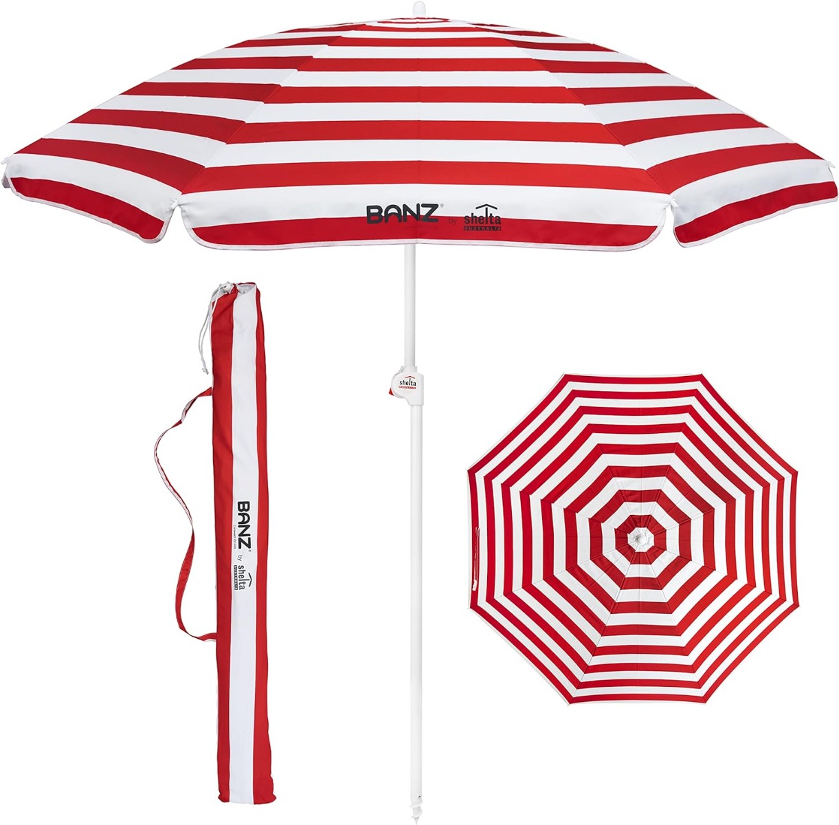 Banz - UV Strand parasol - 165/200cm x 180cm - Rood/Wit gestreept