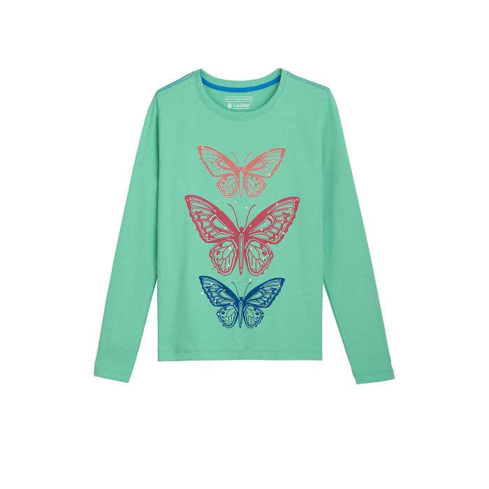 Coolibar - UV-shirt voor meisjes - Groen met opdruk vlinders