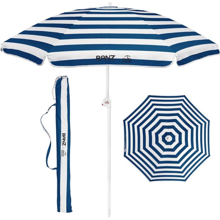 Banz - UV Strand parasol - 165/200cm x 180cm - Blauw/Wit gestreept