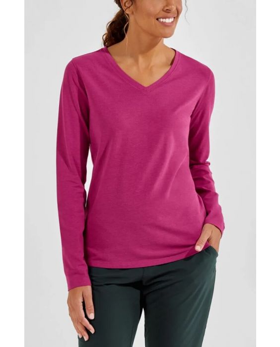 Coolibar - UV Everyday Diepe V-hals shirt voor dames - Lange mouw - Morada - Effen - Roze
