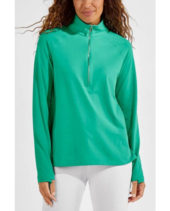 Coolibar - UV-pullover met kwart rits voor dames - Coconut Keys - Effen - Smaragdgroen 