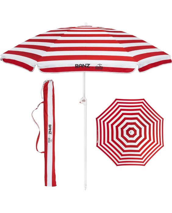 Banz - UV Strand parasol - 165/200cm x 180cm - Rood/Wit gestreept