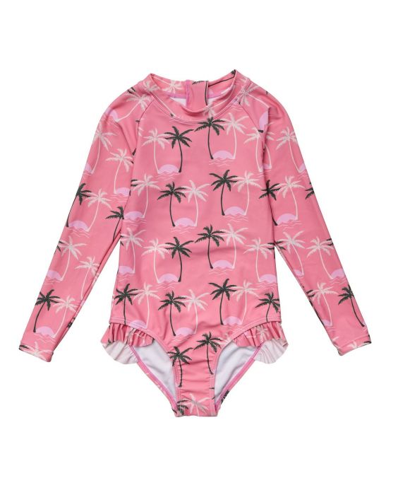 Snapper Rock - UV Zwempak voor meisjes - Lange mouw - Palm Paradise - Roze