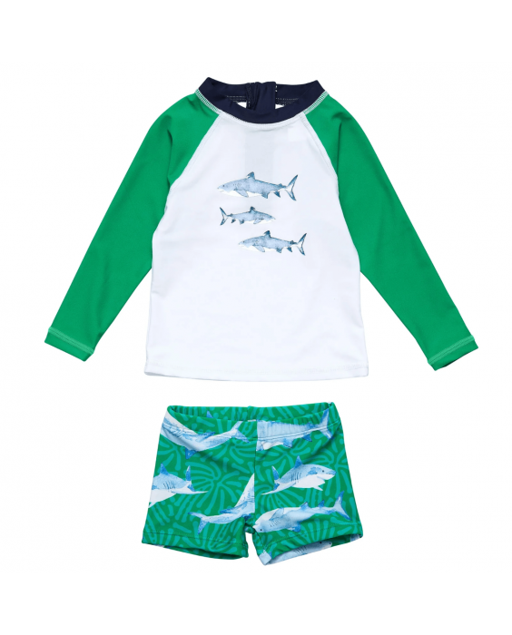 Snapper Rock - UV-zwemset voor baby's en kinderen - Lange mouw - UPF50+ - Reef Shark - Groen/Wit