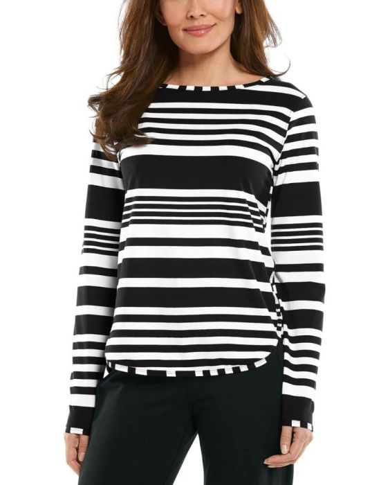 Coolibar - UV Side Split Shirt voor dames - Lange mouw - Heyday - Gestreept - Zwart/Wit 