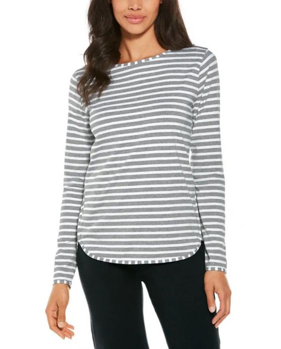 Coolibar - UV Side Split Shirt voor dames - Lange mouw - Heyday - Gestreept - Grijs/Wit 